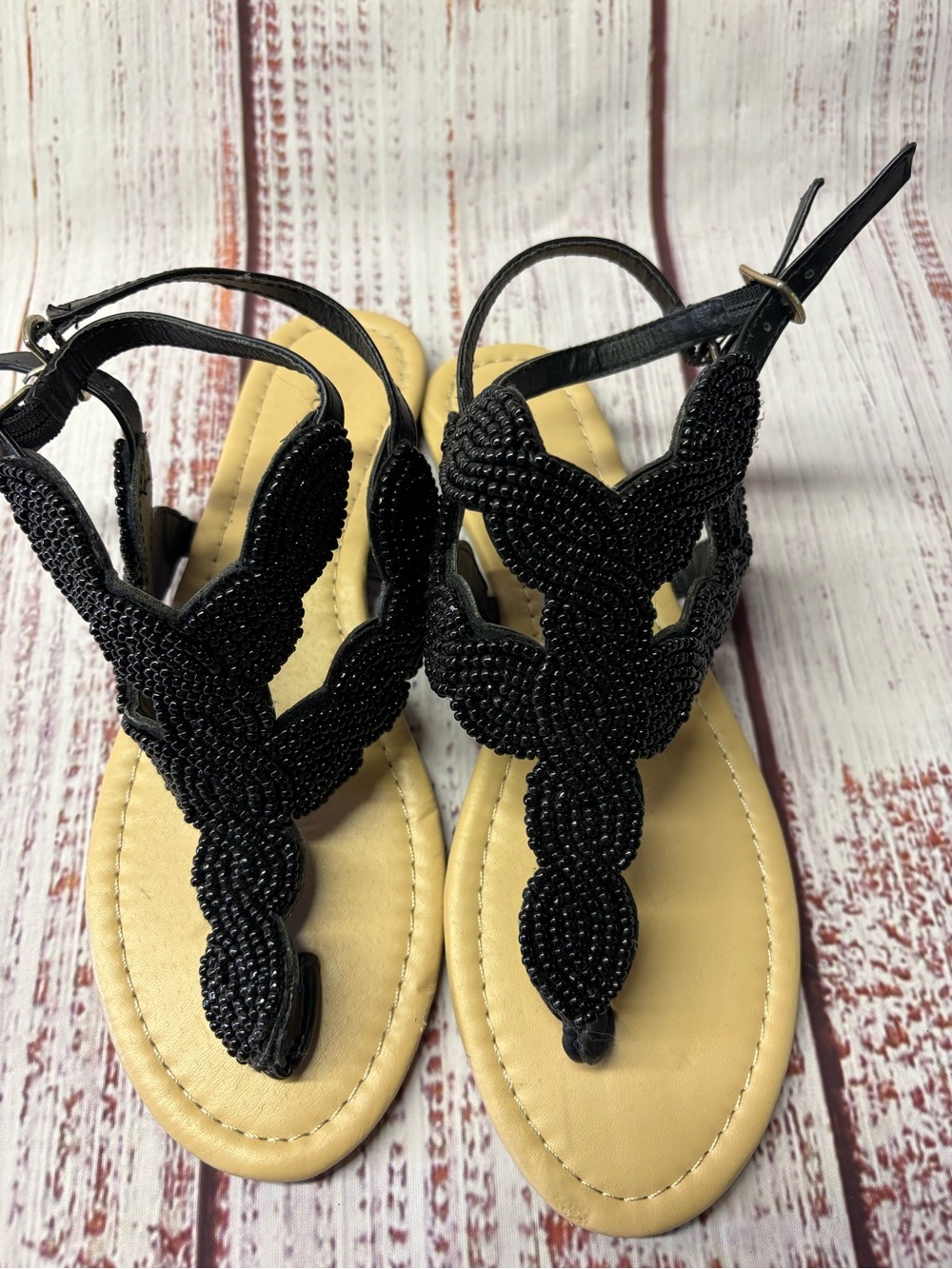 JustFab Black Beaded T-Strap Sandals